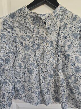 Point Sur by J.Crew Ruffle Floral Blouse Blue White Cotton XXS Popover
